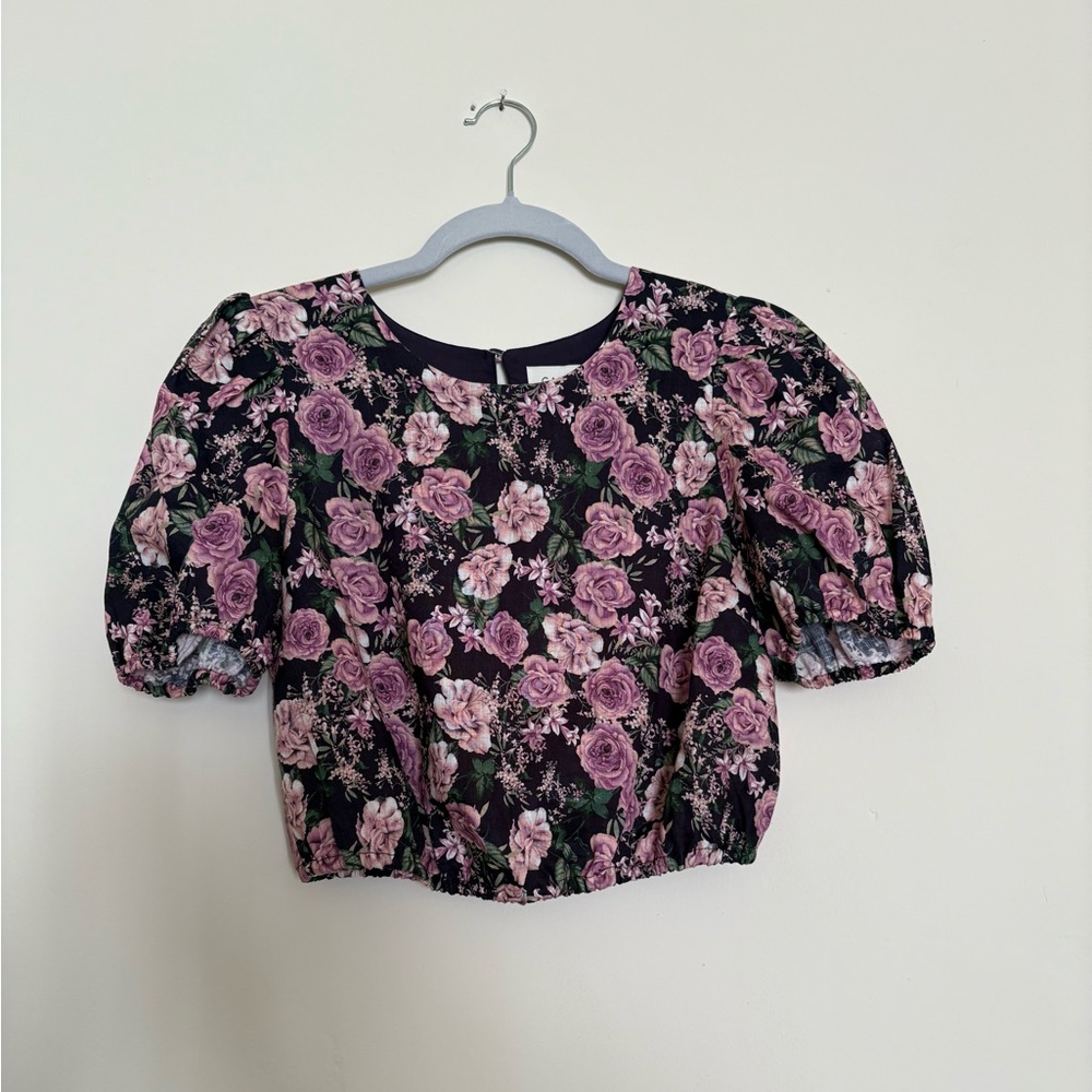 Cami NYC Flor Crop Top Mulberry Rose Puff Sleeve Linen Size XS
